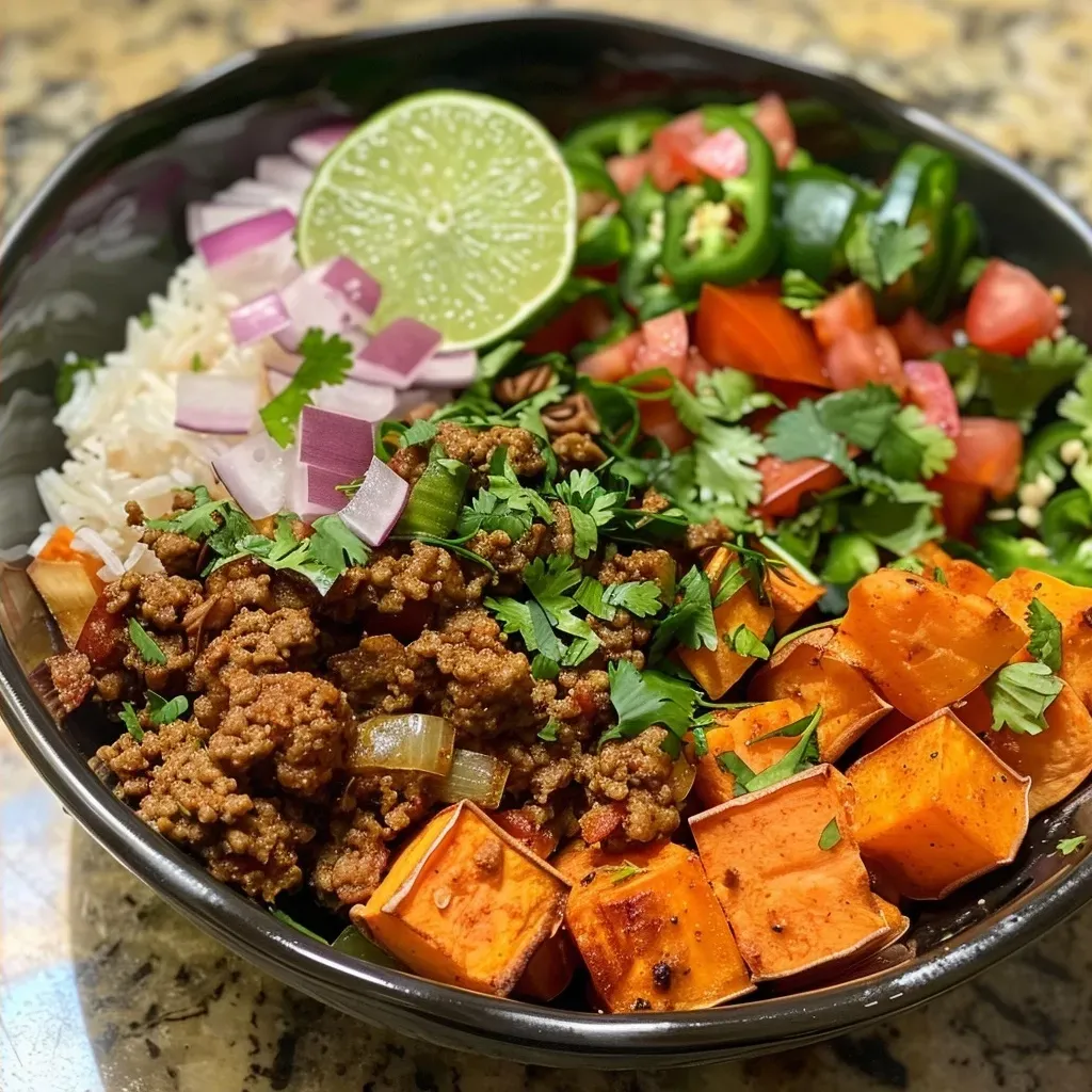 Close-up view of a Healthy Ground Beef Bowl with colorful ingredients and garnishes.