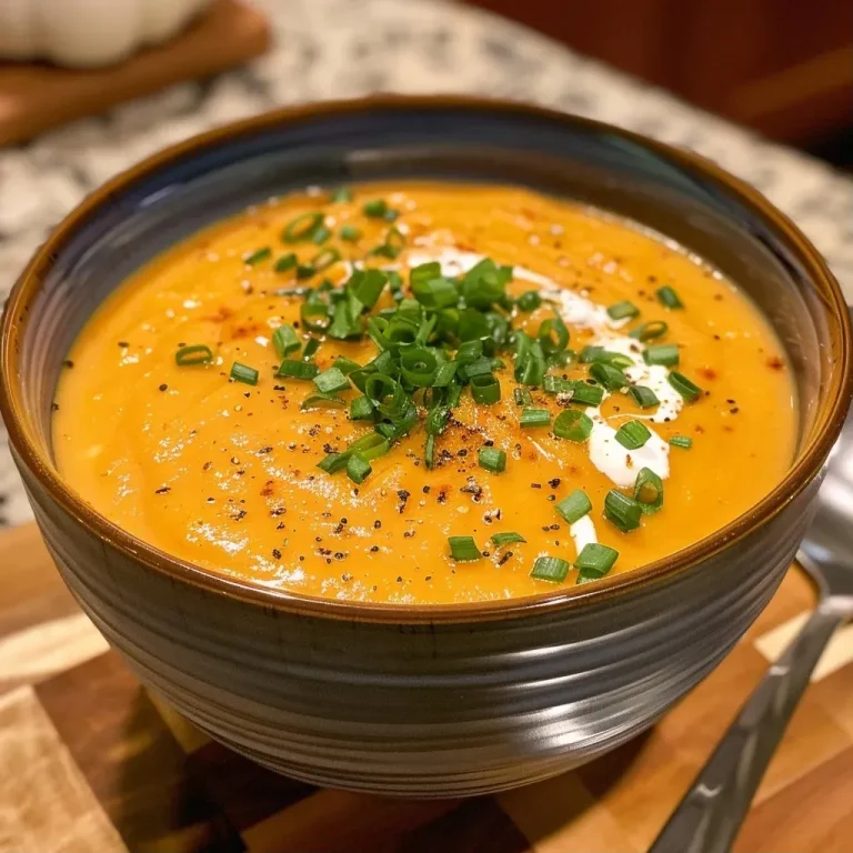 ['Close-up view of a creamy pumpkin soup in a bowl with a smooth texture and garnished with green onions.', 'Side view of a vibrant orange pumpkin soup in a bowl, highlighting its creamy consistency and fresh toppings.', 'Rich and healthy pumpkin soup served in a bowl, adorned with chives and a hint of coconut milk swirl.', 'Luscious pumpkin soup presented in a bowl with visible chunks of vegetables and garnishments for decoration.']