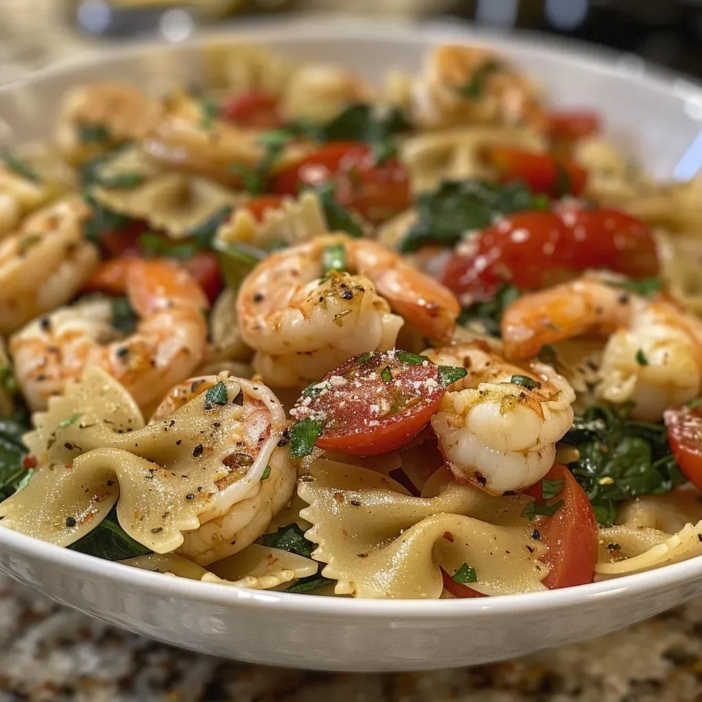 Close-up view of a bowl of healthy shrimp pasta with vibrant cherry tomatoes and spinach.