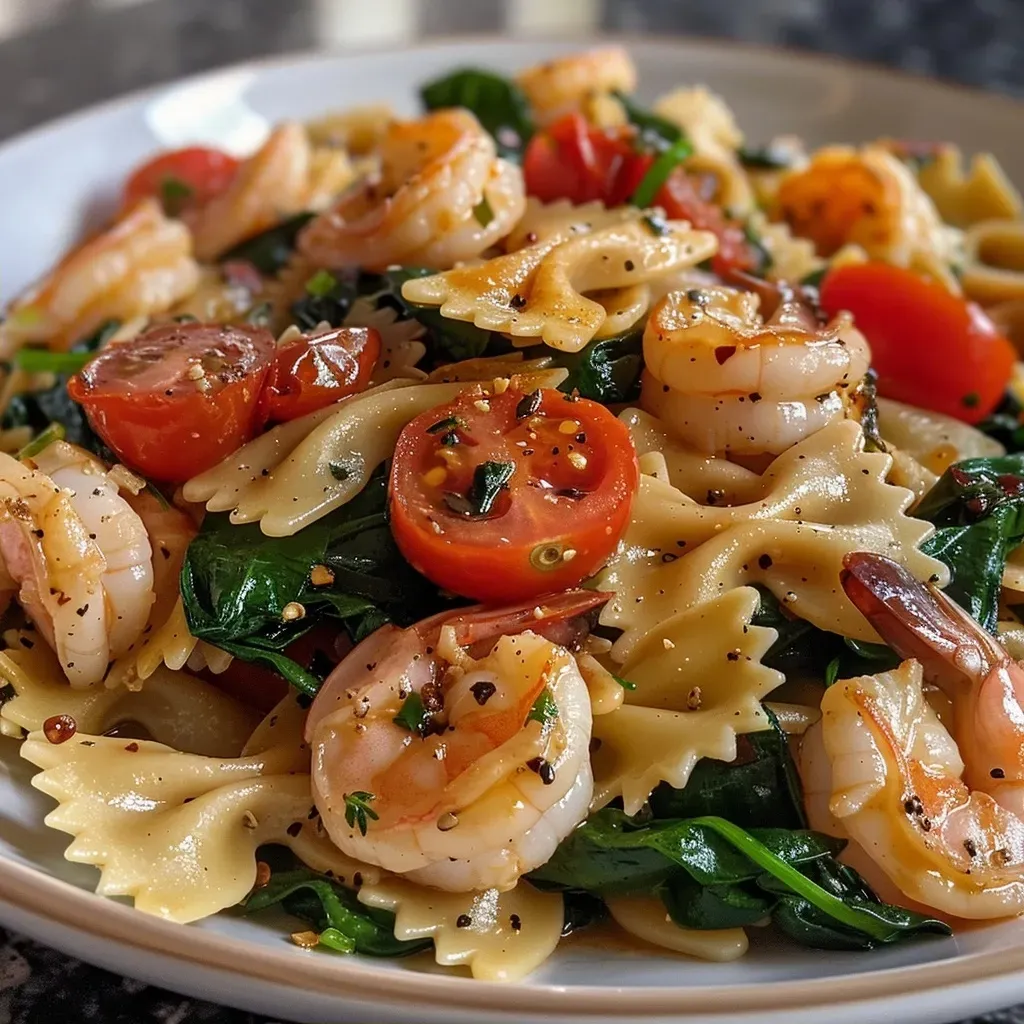 Close-up view of a bowl of healthy shrimp pasta with vibrant cherry tomatoes and spinach.