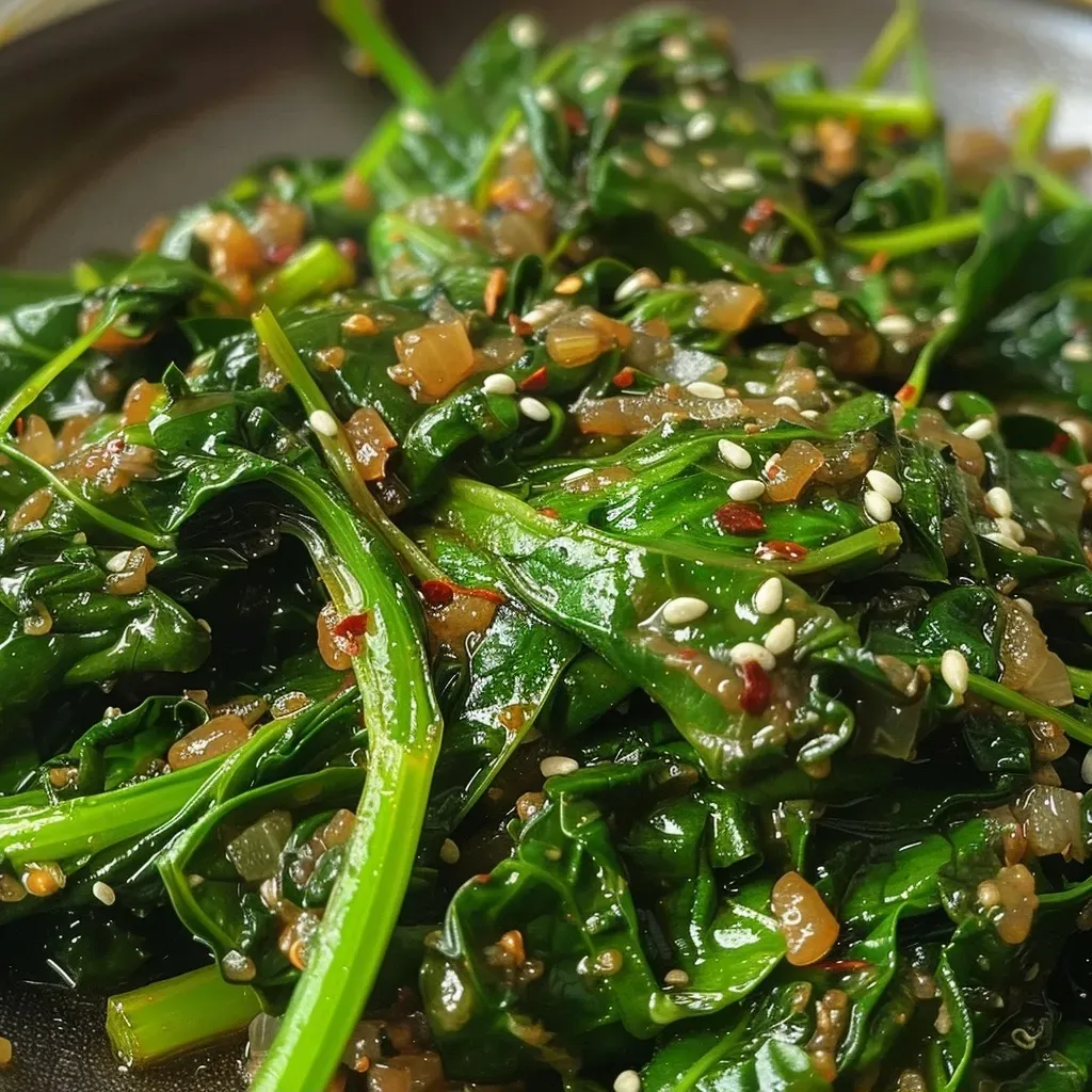 ['A close-up view of a vibrant green spinach stir fry garnished with garlic and sesame seeds.', 'A side angle shot of a healthy spinach stir fry with visible garlic cloves and red pepper flakes.', 'A detailed close-up of a colorful spinach stir fry showcasing fresh spinach and spices in a pan.', 'A mouthwatering image of sautéed spinach mixed with garlic, spices, and topped with sesame seeds.']
