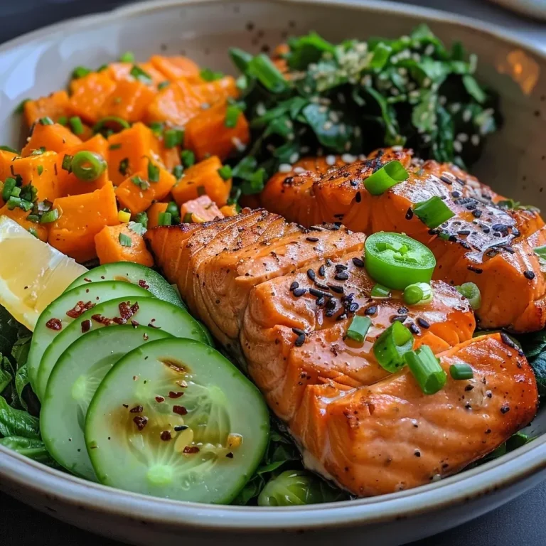 ['A vibrant bowl featuring salmon, sweet potato, and Brussels sprouts.', 'Close-up of a healthy salmon bowl with colorful vegetables and nuts.', 'Side view of a delicious sweet potato and salmon bowl with fresh ingredients.', 'An appetizing dish containing salmon, sweet potatoes, and a variety of toppings.']