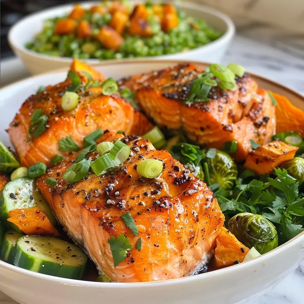 ['A vibrant bowl featuring salmon, sweet potato, and Brussels sprouts.', 'Close-up of a healthy salmon bowl with colorful vegetables and nuts.', 'Side view of a delicious sweet potato and salmon bowl with fresh ingredients.', 'An appetizing dish containing salmon, sweet potatoes, and a variety of toppings.']