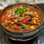 ['Close-up view of a vibrant bowl of healthy turkey chili with beans and peppers.', 'Side angle of a steaming pot of turkey chili showcasing its rich ingredients and texture.', 'Detailed shot of turkey chili in a bowl, featuring colorful vegetables and beans.', 'Rustic presentation of turkey chili with diced peppers and a sprinkle of herbs.']