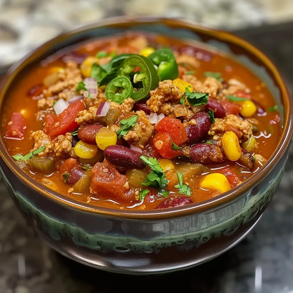 Close-up view of a vibrant bowl of healthy turkey chili with beans and peppers.