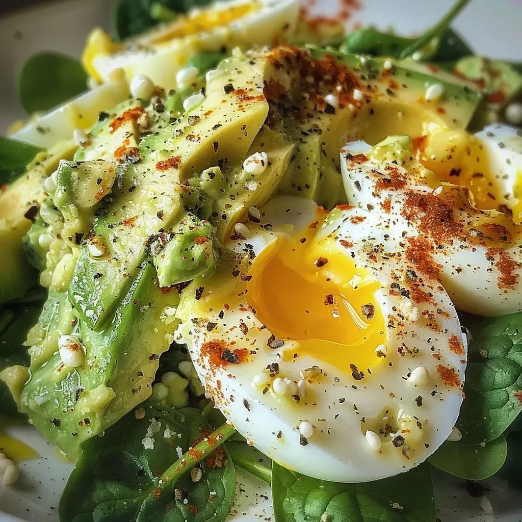 ['Close-up of a creamy avocado egg salad featuring spinach in a bowl.', 'Side view of a high-protein avocado egg salad with vibrant greens and creamy texture.', 'Fresh avocado egg salad with spinach, displayed in a colorful dish.', 'Juicy avocado egg salad with spinach and Greek yogurt, ready to serve.']