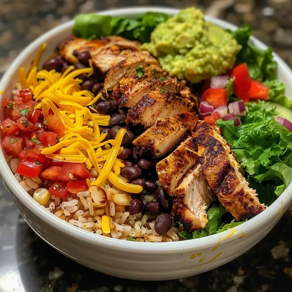 A close-up side view of a colorful high protein bowl featuring grilled chicken and steak.