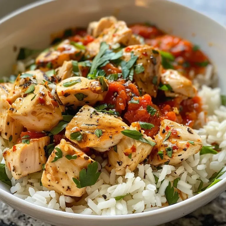 ['Close-up of a vibrant chicken and rice bowl topped with herbs.', 'Side view of a saucy chicken and rice dish garnished with parsley.', 'Juicy diced chicken in a bowl with rice and yogurt sauce.', 'Deliciously arranged chicken and rice bowl with colorful ingredients.']