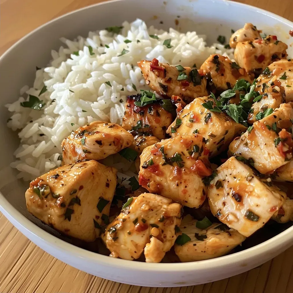 Close-up of a vibrant chicken and rice bowl topped with herbs.
