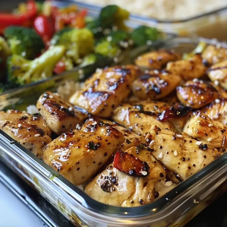 ['Close-up of meal prep bowl filled with chicken, rice, and colorful vegetables.', 'Side view of a healthy chicken and rice meal prep bowl with vibrant broccoli and peppers.', 'Juicy chicken breast over brown rice with assorted vegetables in a meal prep container.', 'Detailed view of a nutritious chicken and rice bowl with fresh ingredients and seasonings.']