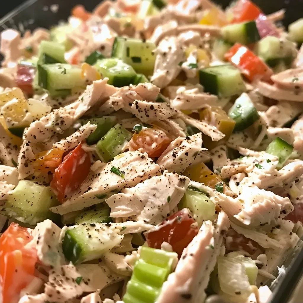 Close-up view of a colorful chicken salad in a meal prep container.