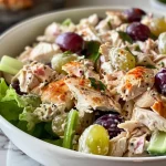 ['Close-up of a colorful high-protein chicken salad with diced vegetables and grapes.', 'Side view of a delectable chicken salad featuring Greek yogurt and fresh green bell pepper.', 'Juicy chicken salad arranged with ingredients like red grapes and herbs in a vibrant presentation.', 'Detailed shot of a nutritious chicken salad with chicken breast, yogurt, and herbs.']