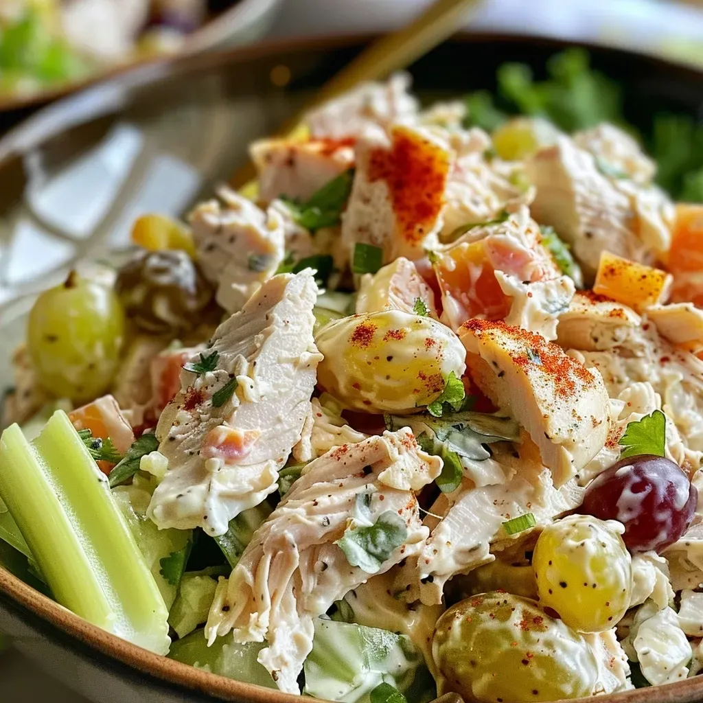 ['Close-up of a colorful high-protein chicken salad with diced vegetables and grapes.', 'Side view of a delectable chicken salad featuring Greek yogurt and fresh green bell pepper.', 'Juicy chicken salad arranged with ingredients like red grapes and herbs in a vibrant presentation.', 'Detailed shot of a nutritious chicken salad with chicken breast, yogurt, and herbs.']