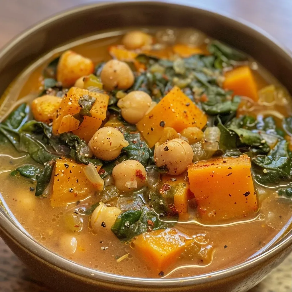 ['Close-up of a vibrant bowl of chickpea and sweet potato soup garnished with spinach.', 'Side view of a hearty soup featuring chickpeas, sweet potatoes, and fresh spinach in a bowl.', 'Rich and colorful chickpea and sweet potato soup, showing chunky ingredients and a smooth texture.', 'Delicious-looking chickpea and sweet potato soup with visible spinach, served in a rustic bowl.']