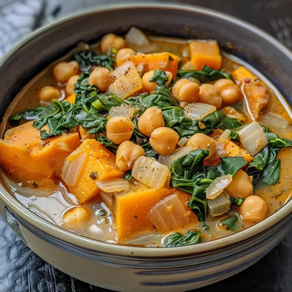 ['Close-up of a vibrant bowl of chickpea and sweet potato soup garnished with spinach.', 'Side view of a hearty soup featuring chickpeas, sweet potatoes, and fresh spinach in a bowl.', 'Rich and colorful chickpea and sweet potato soup, showing chunky ingredients and a smooth texture.', 'Delicious-looking chickpea and sweet potato soup with visible spinach, served in a rustic bowl.']