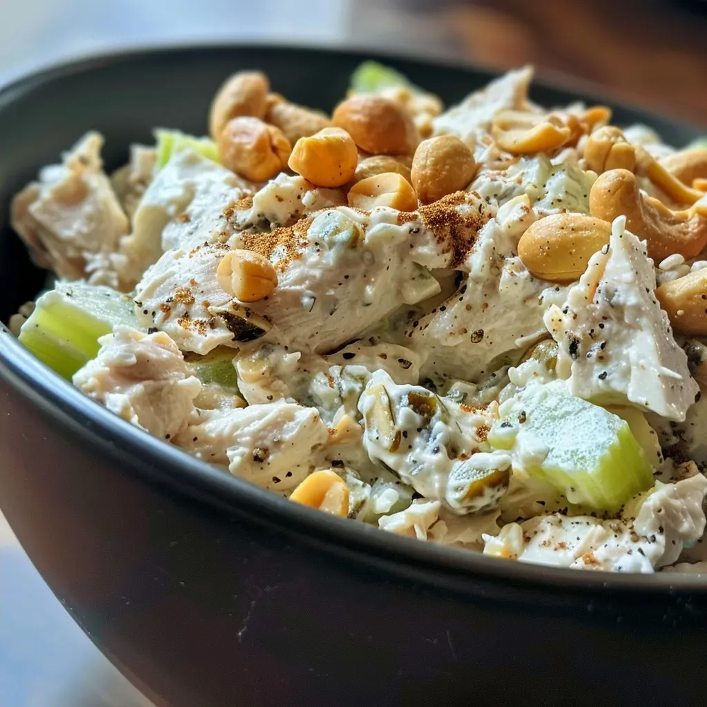 Close-up of creamy Greek yogurt chicken salad with cashews and celery.