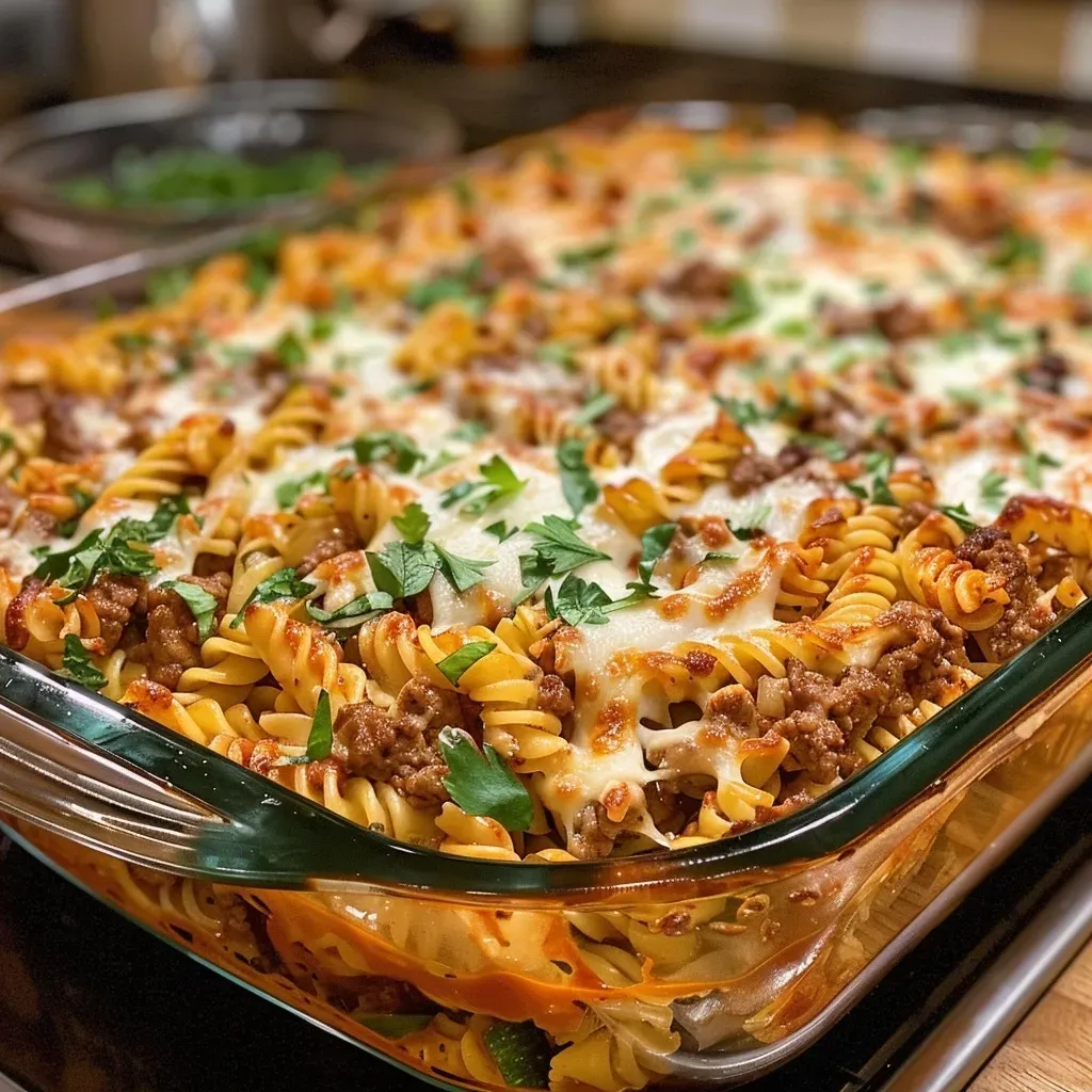 Side view of a baked Italian beef and pasta dish with melted cheese.