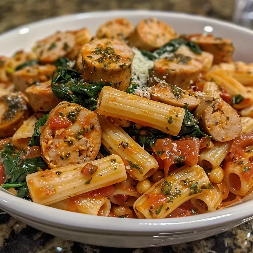 Close-up view of high protein pasta with chicken and spinach.