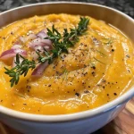 ['Creamy pumpkin soup in a bowl with a side view showcasing its rich texture.', 'Close-up of a steaming bowl of high protein pumpkin soup garnished with herbs.', 'Delicious pumpkin soup served in a rustic bowl, emphasizing its creamy consistency.', 'A vibrant bowl of pumpkin soup with visible chunks of sweet potato and herbs.']