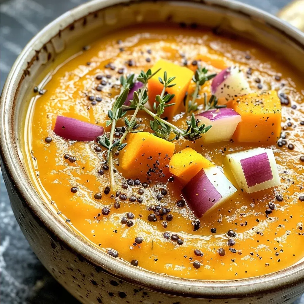 Creamy pumpkin soup in a bowl with a side view showcasing its rich texture.