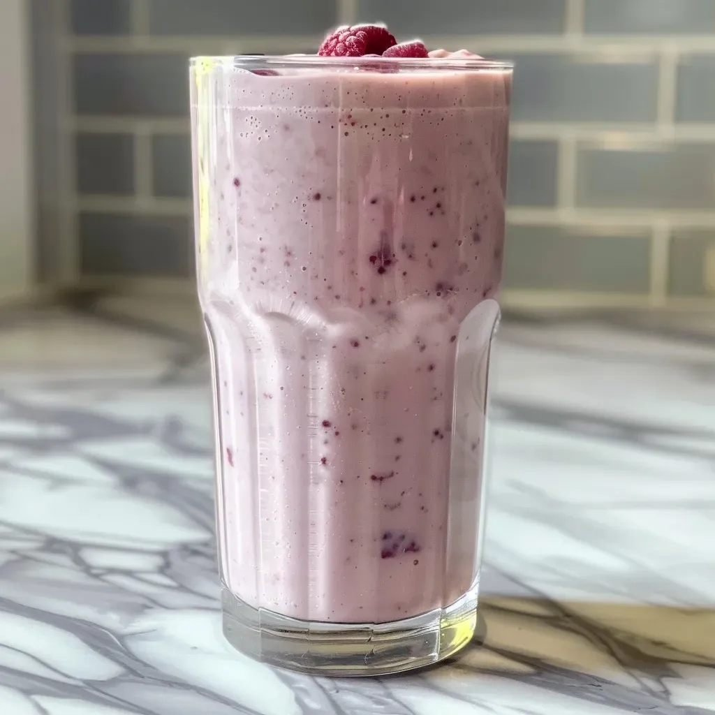 ['Close-up view of a colorful high protein smoothie in a glass, showcasing mixed berries and a banana.', 'Side view of a creamy high protein smoothie filled with vibrant frozen berries and banana on a wooden table.', 'Refreshing high protein smoothie in a clear glass, highlighting its thick texture and berry inclusions.', 'Nutritious smoothie made with berries and yogurt, served in a glass, emphasizing its rich colors.']