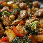['Close-up view of a vibrant high-protein stir-fry featuring colorful vegetables and protein.', 'Juicy stir-fry dish with chicken, vibrant veggies, and grains served in a bowl.', 'Detailed side view of a high-protein stir-fry showcasing lush greens and bright pepper slices.', 'Appetizing stir-fry made with tofu, mixed vegetables, and garnished with herbs.']