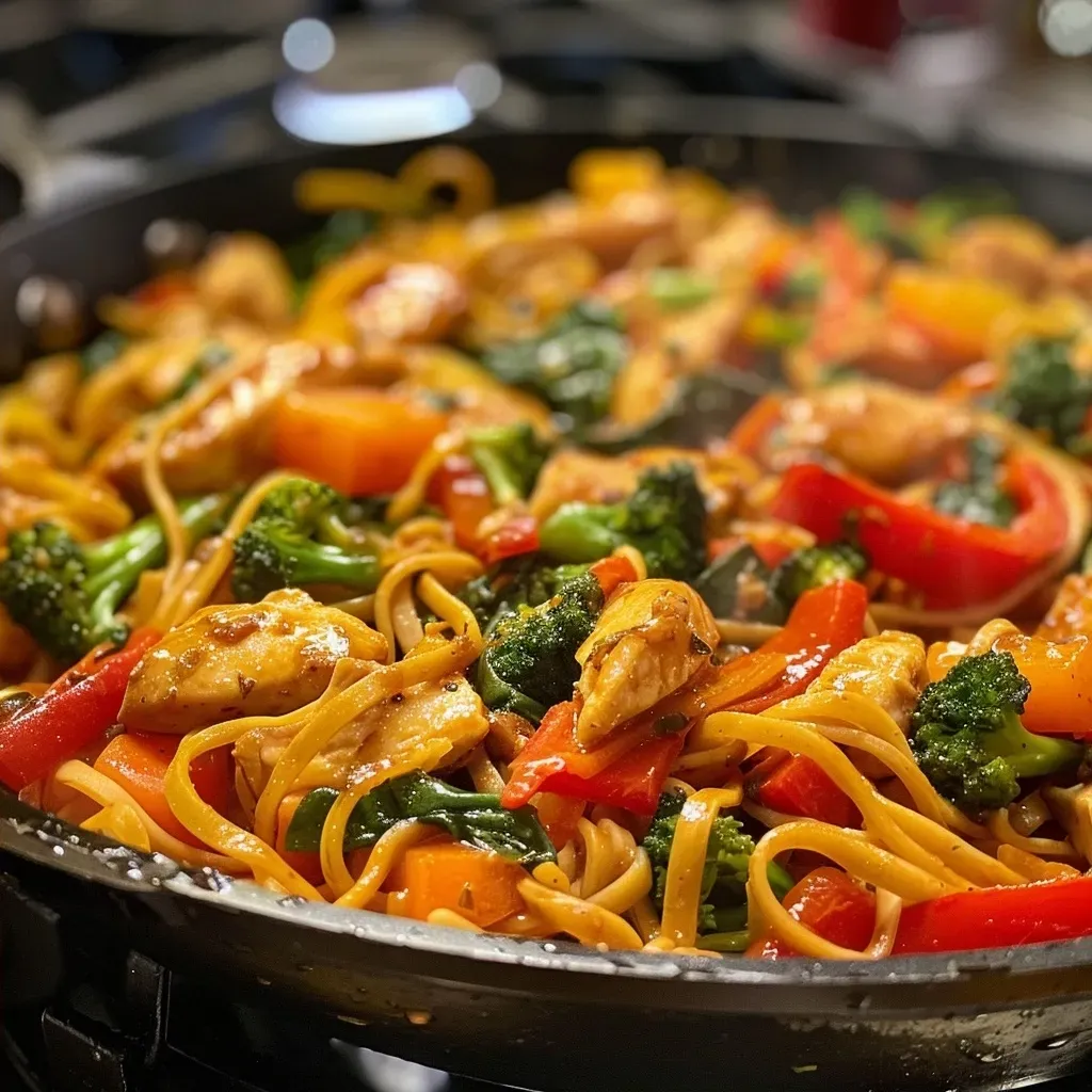Close-up view of a vibrant high-protein stir-fry featuring colorful vegetables and protein.