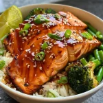 ['Close-up view of a High Protein Teriyaki Salmon Bowl with salmon, rice, and vegetables.', 'Side angle of a colorful High Protein Teriyaki Salmon Bowl featuring salmon fillets and steamed broccoli.', 'Juicy High Protein Teriyaki Salmon Bowl showcasing the ingredients, including rice and garnishes.', 'Detailed image of a delicious Teriyaki Salmon Bowl with vibrant vegetables and garnishes.']