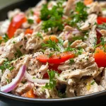 ['Close-up view of a vibrant high protein tuna salad featuring pasta and vegetables.', 'Juicy high protein tuna salad in a bowl, showcasing colorful ingredients like tuna and herbs.', 'Side angle of a nutritious tuna salad, highlighting the creamy texture and fresh toppings.', 'Delicious high protein tuna salad with chickpea pasta and Greek yogurt, ready to serve.']
