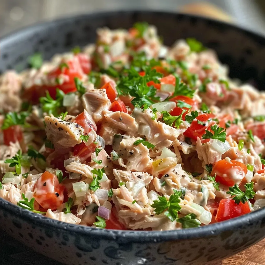 Close-up of a vibrant tuna salad with chopped vegetables and herbs.