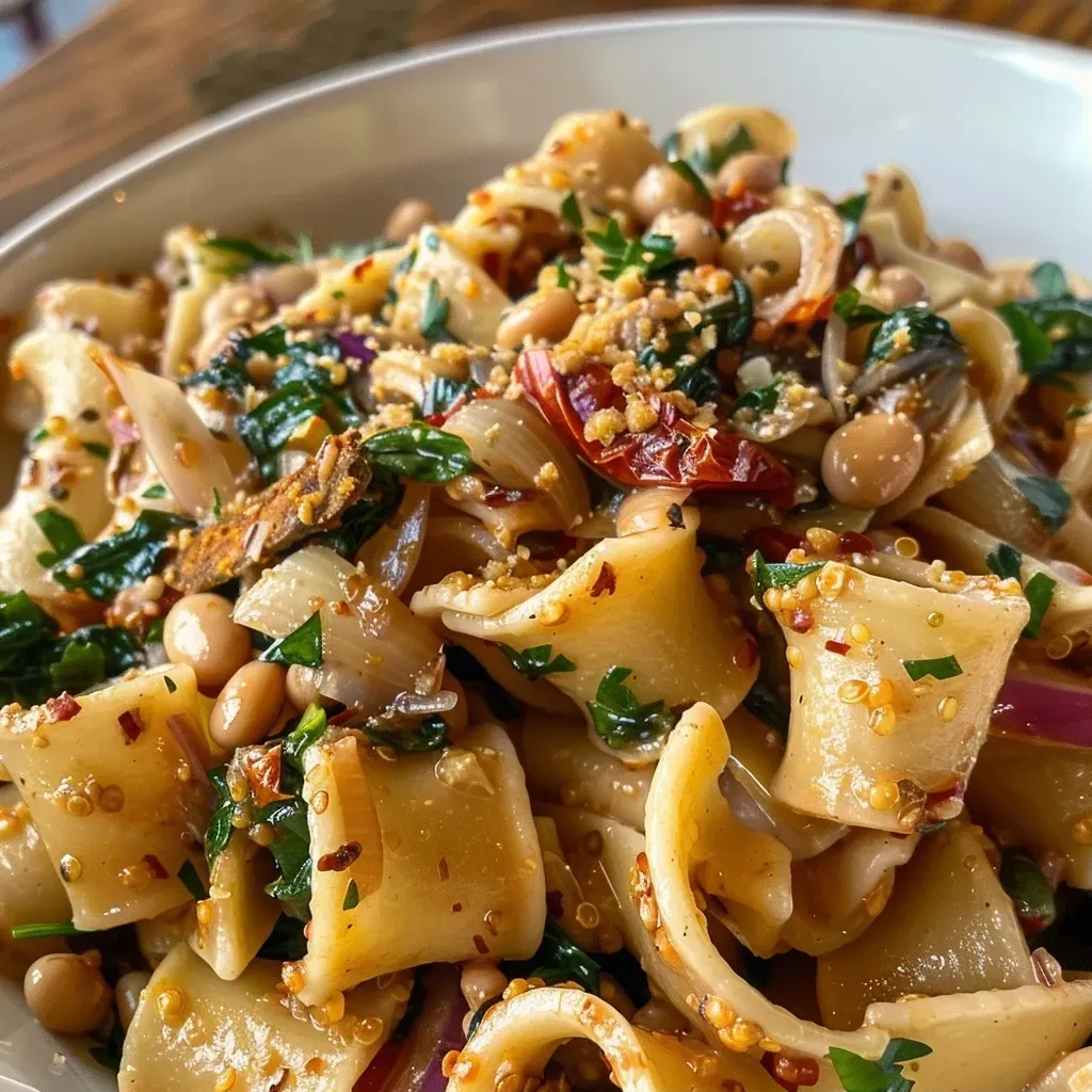 Close-up view of a serving of high-protein vegan pasta featuring lentil pasta, vibrant vegetables, and creamy sauce.