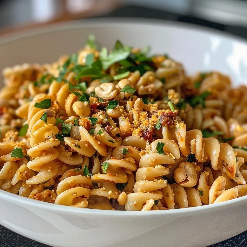 Close-up view of a serving of high-protein vegan pasta featuring lentil pasta, vibrant vegetables, and creamy sauce.