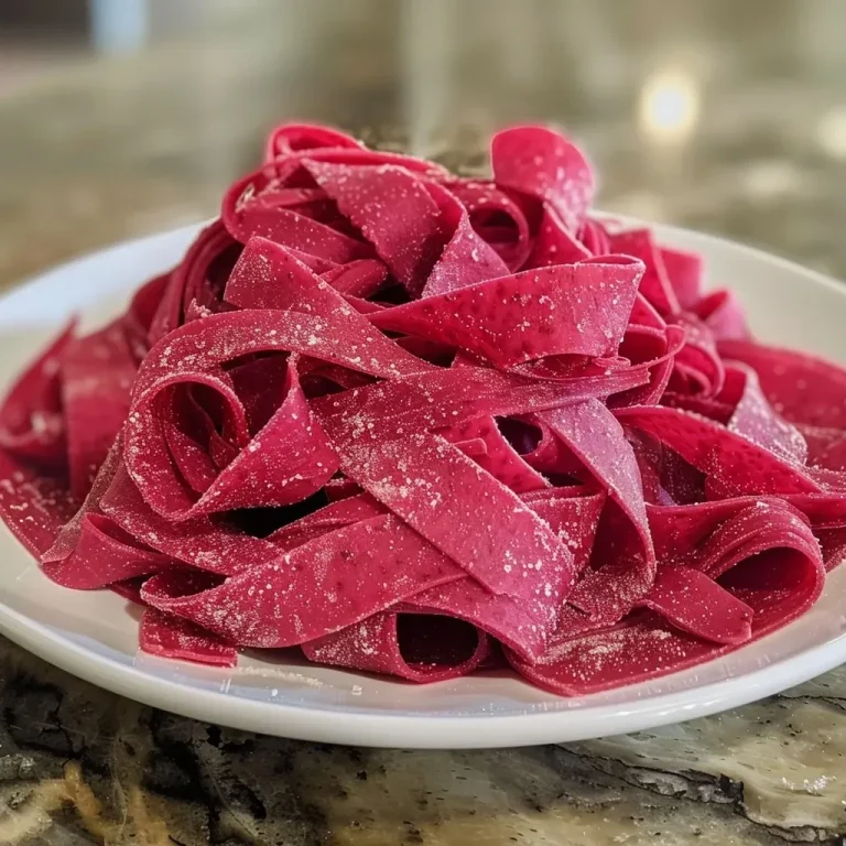['Close-up of vibrant homemade beet pasta, showcasing its rich red color and smooth texture.', 'Side view of freshly made beet pasta, with a glistening surface and intricate details.', 'A plate of beet pasta, highlighting its unique hue and fresh ingredients.', 'Juicy homemade beet pasta displayed on a wooden surface, emphasizing its artisanal quality.']