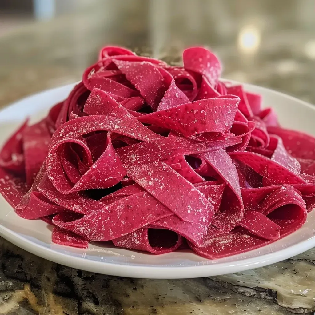 Close-up of vibrant homemade beet pasta, showcasing its rich red color and smooth texture.