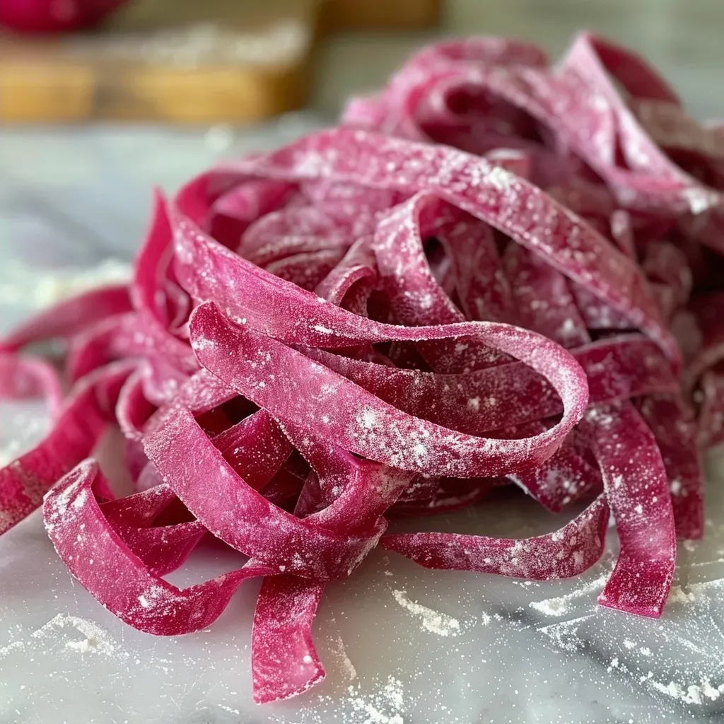 Close-up of vibrant homemade beet pasta, showcasing its rich red color and smooth texture.