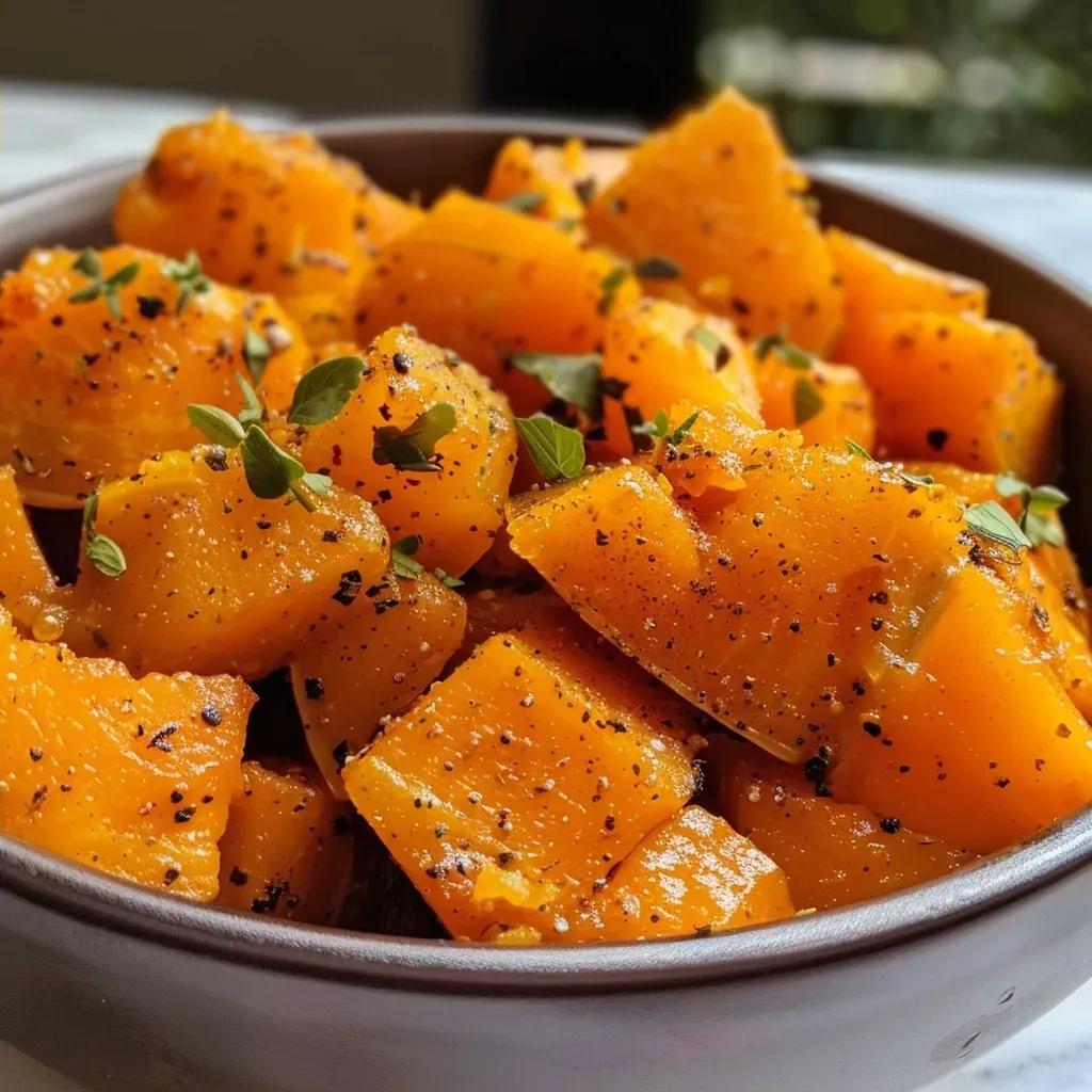 ['Close-up view of cooked butternut squash in an Instant Pot.', 'Juicy butternut squash cubes displayed in an Instant Pot.', 'Side view of tender butternut squash prepared in an Instant Pot.', 'Freshly cooked butternut squash garnished with herbs in an Instant Pot.']