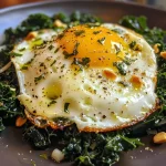 ['Close-up view of sautéed kale and eggs, highlighting vibrant greens and golden yolks.', 'A side perspective of a dish featuring kale and perfectly fried eggs on a plate.', 'Juicy kale pieces mixed with two sunny-side-up eggs, showcasing a colorful meal.', 'Detailed photo of nutritious kale and eggs, emphasizing texture and freshness.']