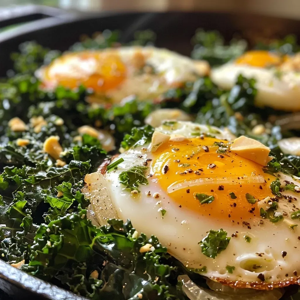 ['Close-up view of sautéed kale and eggs, highlighting vibrant greens and golden yolks.', 'A side perspective of a dish featuring kale and perfectly fried eggs on a plate.', 'Juicy kale pieces mixed with two sunny-side-up eggs, showcasing a colorful meal.', 'Detailed photo of nutritious kale and eggs, emphasizing texture and freshness.']