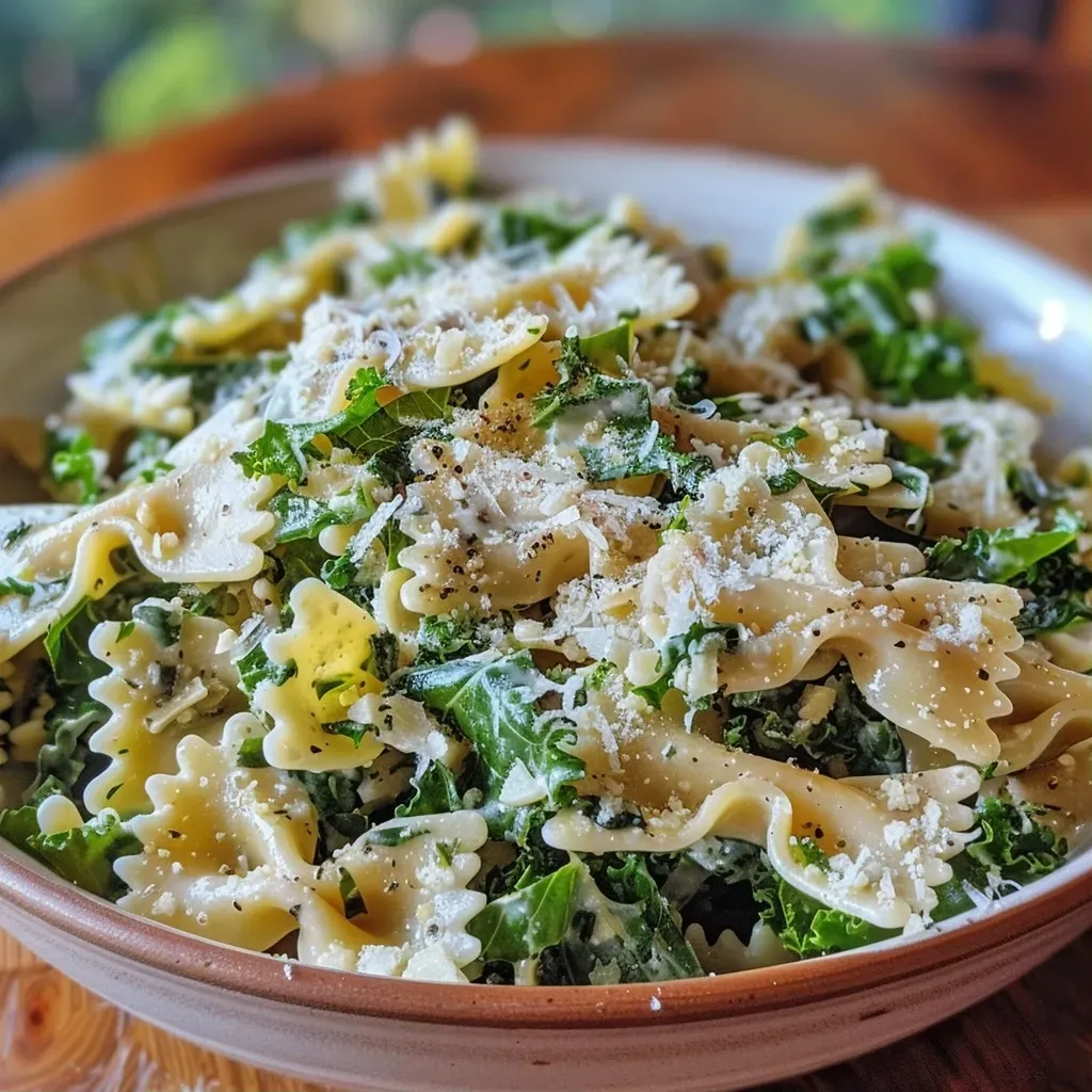 Close-up view of a colorful Kale Caesar Pasta Salad in a bowl.