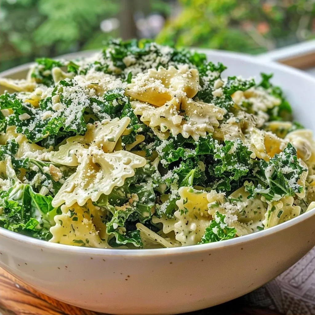 Close-up view of a colorful Kale Caesar Pasta Salad in a bowl.