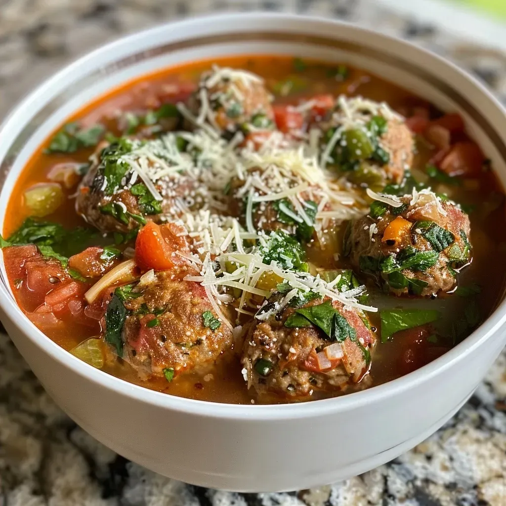 A close-up side view of a bowl of hearty Keto meatball soup with vibrant vegetables and meatballs.
