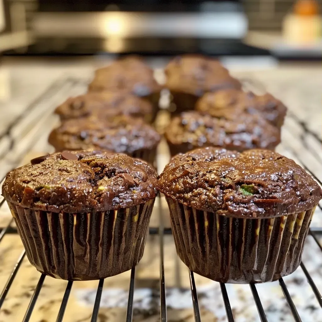 Side view of moist low-calorie zucchini muffins topped with chocolate chips.