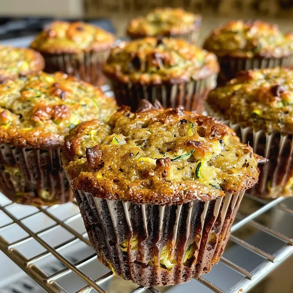 Side view of moist low-calorie zucchini muffins topped with chocolate chips.
