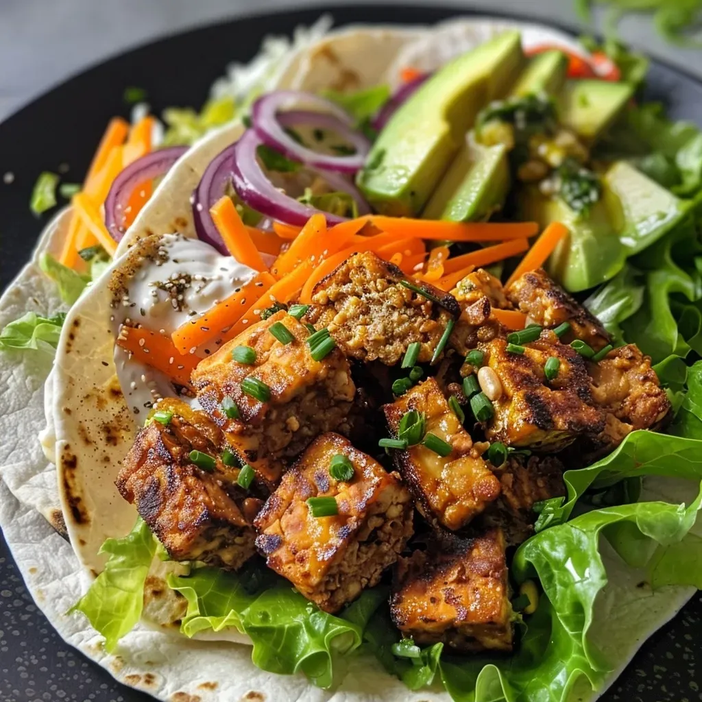 ['Close-up view of a marinated tempeh wrap, showcasing vibrant ingredients.', 'Side view of a delicious tempeh wrap filled with fresh vegetables and sauce.', 'Juicy marinated tempeh wrap with colorful veggies, captured in natural light.', 'Detailed image of a tortilla wrap with tempeh, lettuce, avocado, and carrots.']