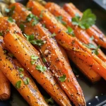 ['Close-up view of golden-brown oven-roasted carrots on a white plate.', 'Side view of juicy, sliced carrots seasoned and roasted to a perfect golden hue.', 'Freshly roasted carrots arranged on a plate, showcasing their vibrant color and texture.', 'A detailed close-up of oven-roasted carrots with a crispy exterior and glistening surface.']