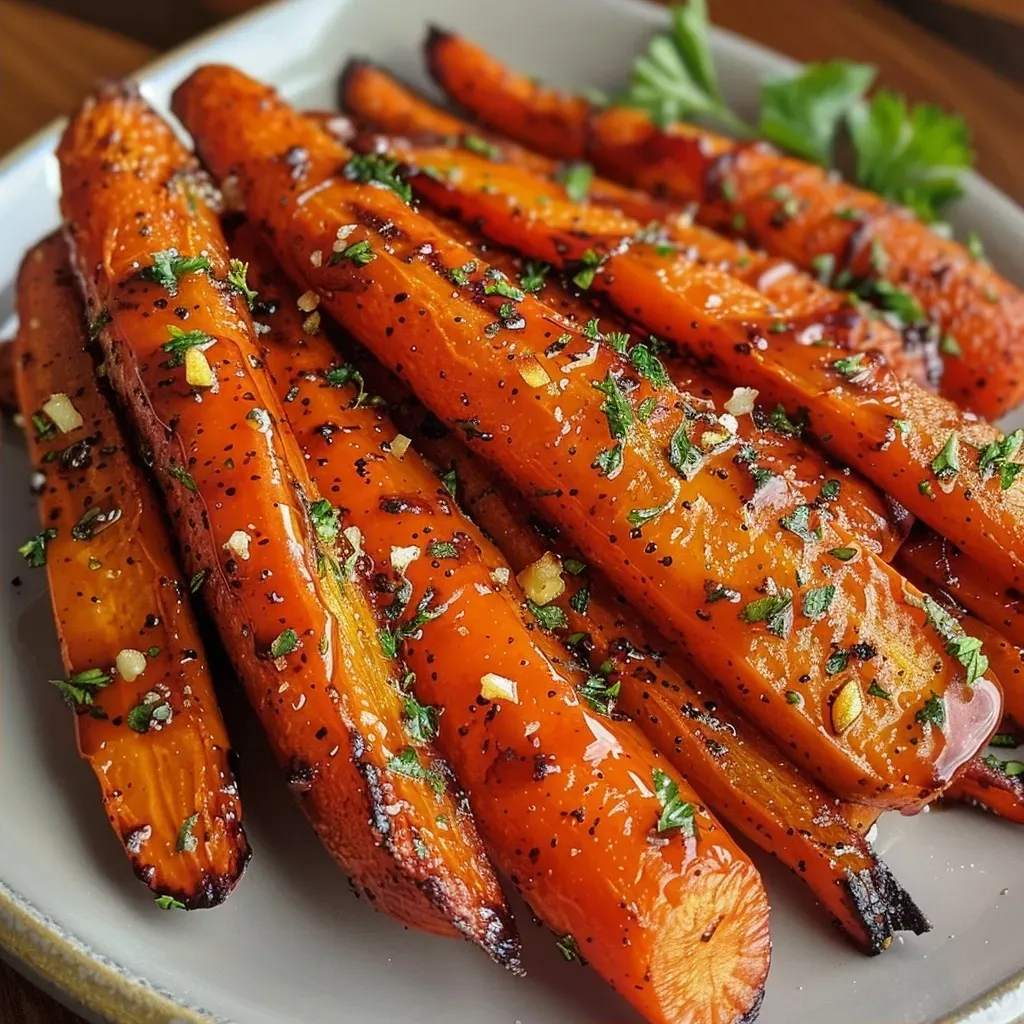 ['Close-up view of golden-brown oven-roasted carrots on a white plate.', 'Side view of juicy, sliced carrots seasoned and roasted to a perfect golden hue.', 'Freshly roasted carrots arranged on a plate, showcasing their vibrant color and texture.', 'A detailed close-up of oven-roasted carrots with a crispy exterior and glistening surface.']