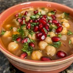 ['A close-up view of a vibrant bowl of Pomegranate and Chickpea Soup garnished with pomegranate seeds.', 'Side view of a hearty chickpea soup sprinkled with fresh pomegranate seeds, showcasing its rich color.', 'A detailed shot of Pomegranate and Chickpea Soup in a bowl, highlighting its ingredients and texture.', 'A warm bowl of soup featuring chickpeas and pomegranate seeds against a cozy kitchen backdrop.']