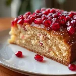 ['A close-up side view of a slice of pomegranate cake topped with sparkling sugar and fresh pomegranate arils.', 'A detailed shot of a moist pomegranate cake slice, adorned with juicy pomegranate seeds and a sparkly sugar finish.', 'A vibrant side view of a pomegranate cake slice displaying rich colors from the fruit and frosting.', 'A juicy slice of pomegranate cake with glistening arils, presented on a plate for a mouth-watering appearance.']
