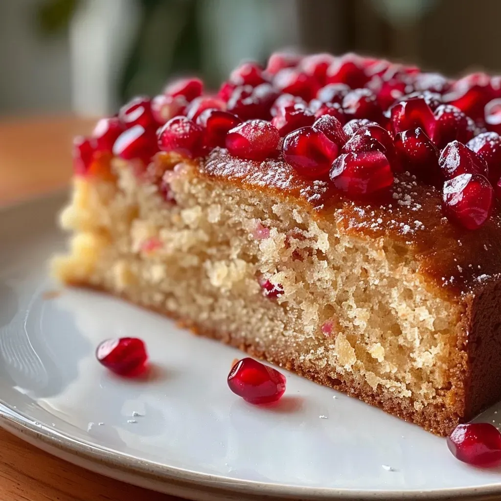 ['A close-up side view of a slice of pomegranate cake topped with sparkling sugar and fresh pomegranate arils.', 'A detailed shot of a moist pomegranate cake slice, adorned with juicy pomegranate seeds and a sparkly sugar finish.', 'A vibrant side view of a pomegranate cake slice displaying rich colors from the fruit and frosting.', 'A juicy slice of pomegranate cake with glistening arils, presented on a plate for a mouth-watering appearance.']