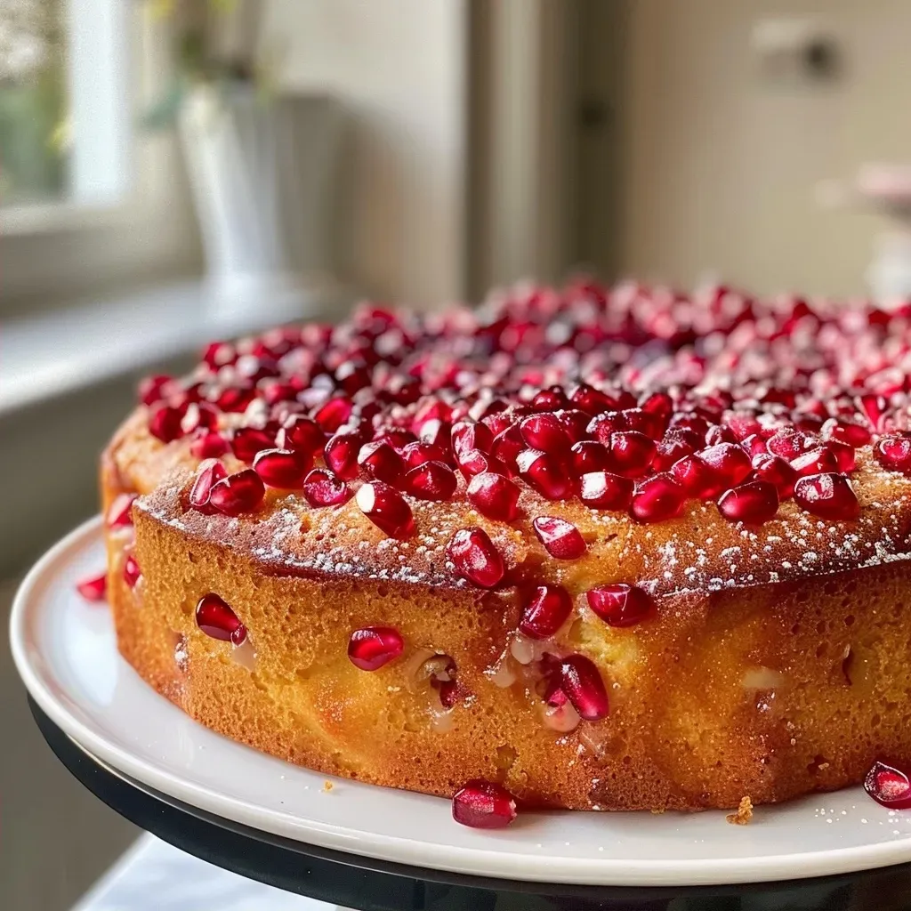 ['Close-up side view of a luscious pomegranate cake, showcasing juicy pomegranate arils on top.', 'A moist pomegranate cake with a rich texture, decorated with fresh pomegranate seeds and sparkling sugar.', 'Detailed view of a freshly baked pomegranate cake, highlighting its fluffy layers and fruity topping.', 'Side profile of a delicious pomegranate cake, featuring vibrant red arils and a golden-brown crust.']